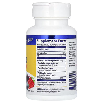 Complejo de Enzimas, Zinc 2mg, L-Leucina 30mg de Enzymedica Acid Soothe | para Alivio de Acidez e Indigestión | 60 Tabletas Masticables - Sabor Frutos del Bosque, Vegano