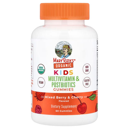Multivitamínico para Niños de Mary Ruth's | Contiene vitaminas y minerales esenciales para el crecimiento y desarrollo, estas gomitas incluyen posbióticos, que apoyan la función digestiva | 60 gomitas Sabor Mezcla de Frutos Rojos y Cerezas