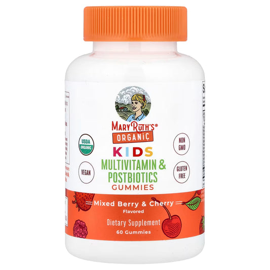 Multivitamínico para Niños de Mary Ruth's | Contiene vitaminas y minerales esenciales para el crecimiento y desarrollo, estas gomitas incluyen posbióticos, que apoyan la función digestiva | 60 gomitas Sabor Mezcla de Frutos Rojos y Cerezas