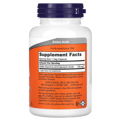 Ácido Gamma-Aminobutírico 750 mg - NOW Foods | Apoyo para la Relajación y el Equilibrio del Sistema Nervioso | 100 y 200 Cápsulas Vegetales
