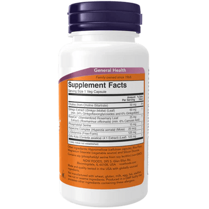 Brain Elevate NOW Foods | Favorece la memoria y la concentración | 60 cápsulas