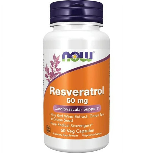 Resveratrol 50 mg con Extracto de Vino Tinto, Té Verde y Semilla de Uva de NOW Foods | Soporte Cardiovascular | 60 Cápsulas Vegetales