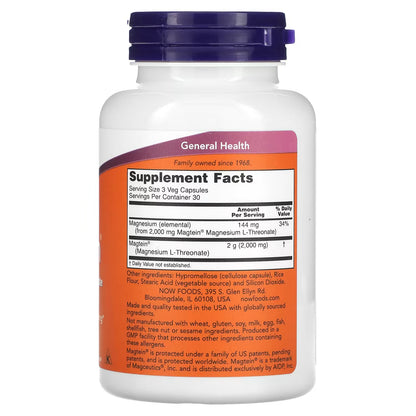 Magnesio L-Treonato - Magtein 144 mg de NOW Foods | Apoyo Cognitivo para la Memoria y el Aprendizaje | 90 Cápsulas Vegetales