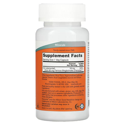 Bisglicinato de Hierro 18 mg de NOW Foods | Suave y No Estriñe - Apoyo Energético e Inmunológico | 120 Cápsulas Vegetales