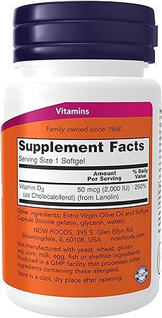 Now | Vitamina D-3 2000 UI | Fortalecimiento Óseo y del Sistema Inmune | 30, 120 y 240 cápsulas