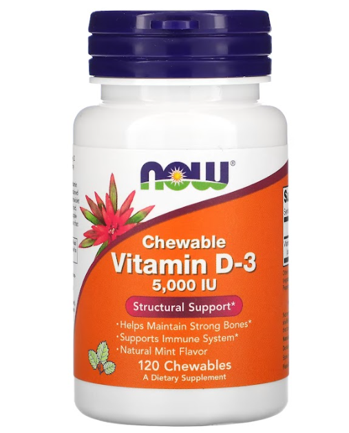 Vitamina D3 5000 UI de NOW Foods - Apoyo para la función Ósea y Sistema Inmunitario | 120 gomitas masticables vegetarianas