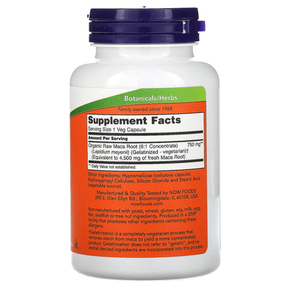 Raíz de Maca 750 mg de NOW Foods - Apoyo Reproductivo y Energético para Hombres y Mujeres | 90 Cápsulas Vegetales