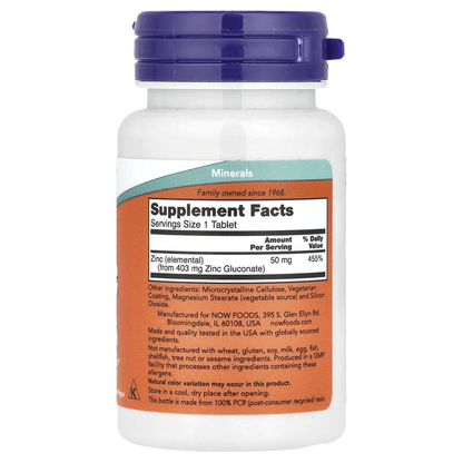 Gluconato de Zinc 50 mg de NOW Foods | Soporte Inmunológico, Funciones Enzimáticas | 100 y 250 Tabletas
