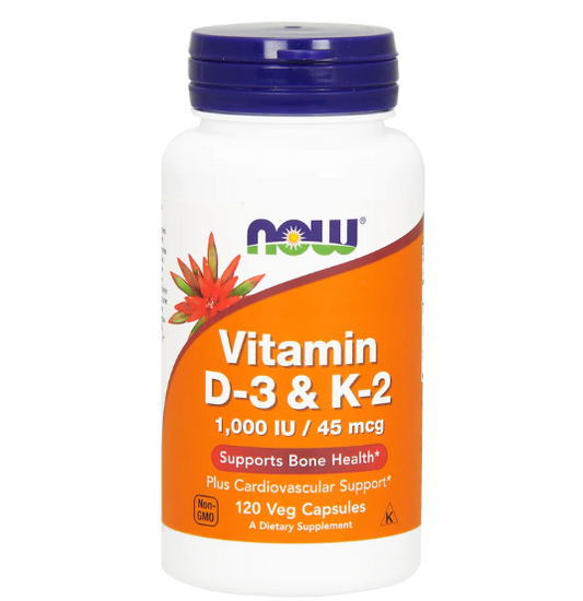 Vitamina D-3 & K-2, 1000 IU - 45 mcg de NOW Foods - Apoyo para la función ósea, cardiovascular y absorción de calcio | 120 cápsulas veganas