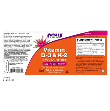 Vitamina D-3 & K-2, 1000 IU - 45 mcg de NOW Foods - Apoyo para la función ósea, cardiovascular y absorción de calcio | 120 cápsulas veganas