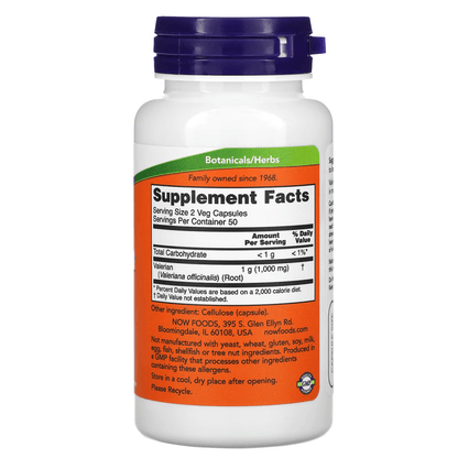 Raíz de Valeriana, 500 mg de NOW Foods - Suplemento Herbal Tradicional, Ayuda para el Sueño Natural, No-GMO | 100 Cápsulas Vegetales