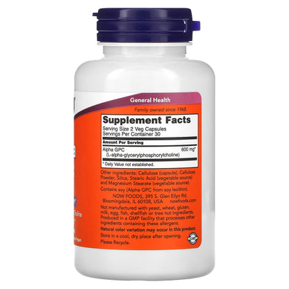 Alpha GPC 300 mg de Now Foods | Favorece el enfoque y la claridad mental | 60 cápsulas vegetales