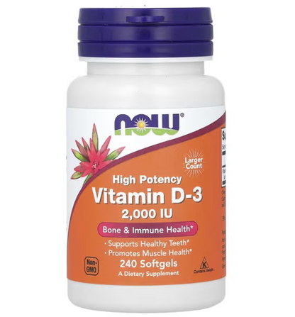 Now | Vitamina D-3 2000 UI | Fortalecimiento Óseo y del Sistema Inmune | 30, 120 y 240 cápsulas