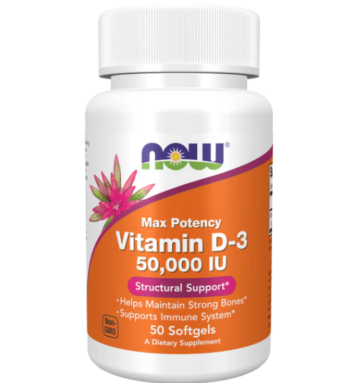 Vitamina D-3 50,000 UI de NOW Foods - Máxima Potencia Soporte Estructural, No-GMO | Fortalece el sistema inmunológico | 50 cápsulas Blandas