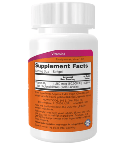 Vitamina D-3 50,000 UI de NOW Foods - Máxima Potencia Soporte Estructural, No-GMO | Fortalece el sistema inmunológico | 50 cápsulas Blandas