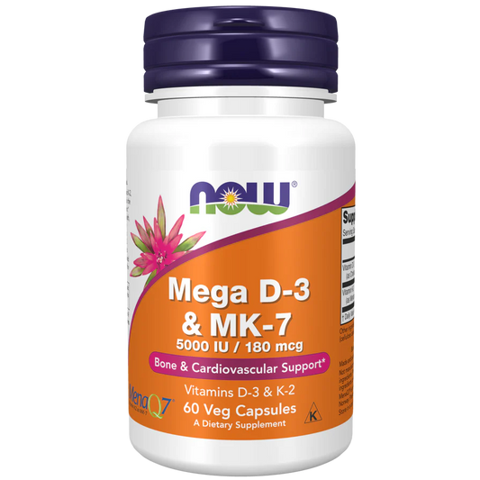 Mega D-3 5000 IU y MK-7 180 mcg, Vitaminas D-3 y K-2 de NOW Foods para Huesos y Sistema Cardiovascular | 60 Cápsulas Veganas