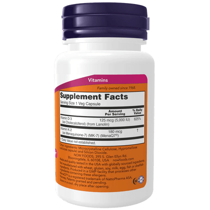 Mega D-3 5000 IU y MK-7 180 mcg, Vitaminas D-3 y K-2 de NOW Foods para Huesos y Sistema Cardiovascular | 60 Cápsulas Veganas