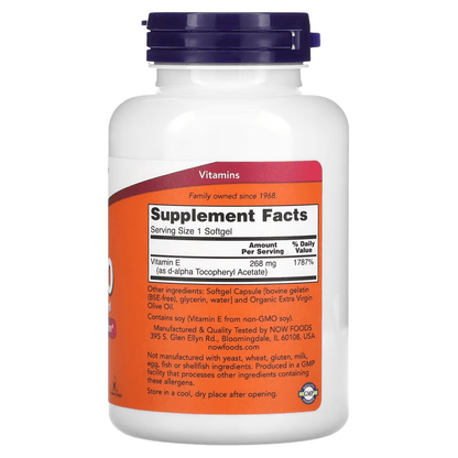 Vitamina E-400 IU, D-Alfa Tocoferol, Derivado de Plantas de NOW Foods | Apoya la función inmune | 100 Cápsulas Blandas