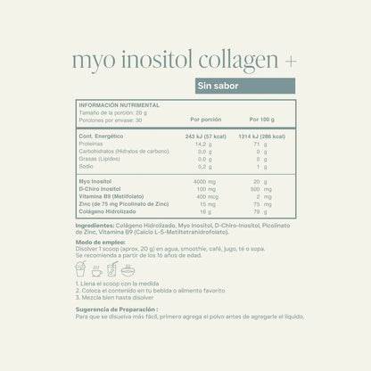Myo y D-Chiro-Inositol 40:1 con colágeno hidrolizado, zinc picolinato y metilfolato | Myo Inositol Collagen+ de Reset Wellness | Polvo 600 g