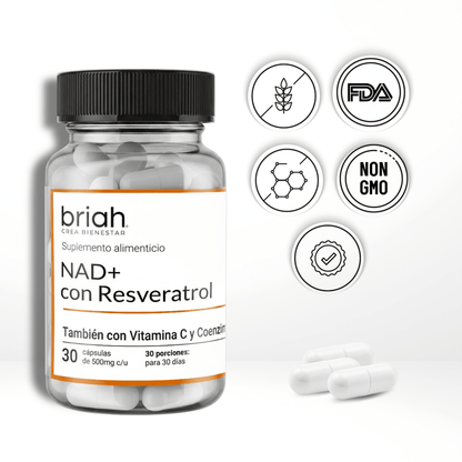 NAD+ con Resveratrol, Vitamina C y Coenzima Q10 de Briah | Protección Antioxidante | 30 cápsulas