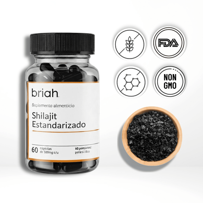 Shilajit estandarizado 500 mg de Briah | Vigor y Energía diaria para hombre| 60 cápsulas