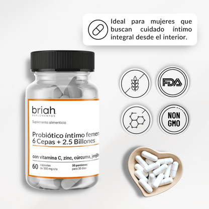 Probiótico + Prebiótico Vaginal de Briah | Mezcla Probiótica 6 cepas 2.5 UFC | 60 cápsulas para 30 días