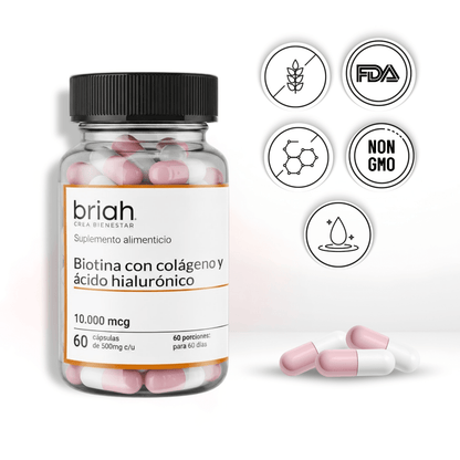 Biotina 10.000 microgramos por porción + colágeno + ácido hialurónico Briah | Crecimiento de cabello y uñas | 60 cápsulas