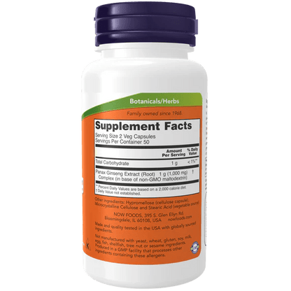 Extracto de Ginseng Panax, 1,000 mg de Now Foods | Mejora la concentración y el rendimiento cognitivo | 100 y 250 Cápsulas Vegetales