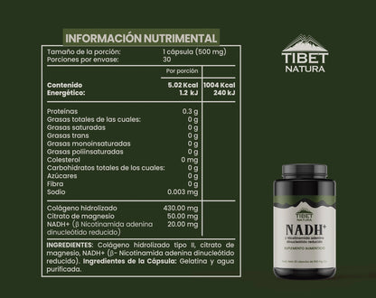 NADH+, Colágeno hidrolizado y Citrato de magnesio 500 mg de Tibet Natura | Incrementa la Energía Celular mejorando la Resistencia y la Vitalidad  | 30 cápsulas vegetales