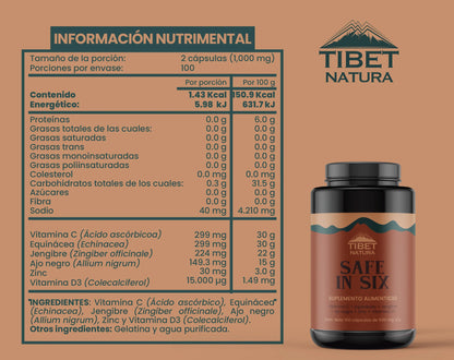Equinácea + Vitamina C + Jengibre con Zinc y Vitamina D SAFE IN SIX de Tibet Natura, 1000mg por porción | Fortalece el sistema inmunológico, promoviendo la defensa contra enfermedades | 100 cápsulas vegetales