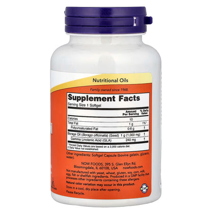 Aceite de Borraja 1000 mg GLA de NOW Foods | Equilibrio y bienestar de la piel | 60 cápsulas blandas