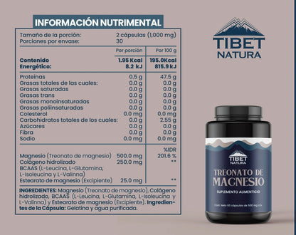 Treonato de magnesio + Colágeno hidrolizado + BCAAS 1000mg por porción de Tibet Natura |  Diseñado para apoyar la función cerebral y cognitiva, aliviando el estrés y ansiedad |  60 cápsulas vegetales