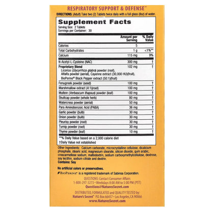 NAC 600 mg Respiratory Support de Nature’s Secret | Refuerza las defensas respiratorias | 60 tabletas