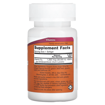 Vitamina D-3 50,000 UI de NOW Foods - Máxima Potencia Soporte Estructural, No-GMO | Fortalece el sistema inmunológico | 50 cápsulas Blandas