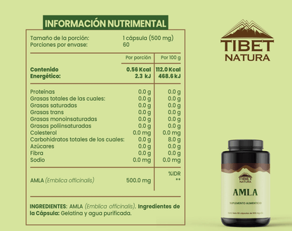AMLA, fruto de 500mg por porción de Tibet Natura | Propiedades antioxidantes, que ayuda a mejorar el bienestar digestivo y el sistema inmunológico | 60 cápsulas vegetales