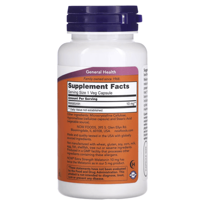 Melatonina Extra Fuerte 10 mg de NOW Foods |  Apoyo al Sueño Saludable, Proporciona apoyo antioxidante adicional | 100 Cápsulas Vegetarianas