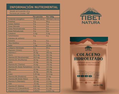 Péptidos Bioactivos de Colágeno Hidrolizado con vitaminas y minerales 10g de Tibet Natura | Fortalece las articulaciones, reduciendo el dolor y la inflamación | Polvo de 1kg sin azúcar y sin gluten