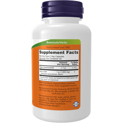 Uña de Gato de Now 500 mg  | Equilibrio Inmunológico | 100 cápsulas veganas