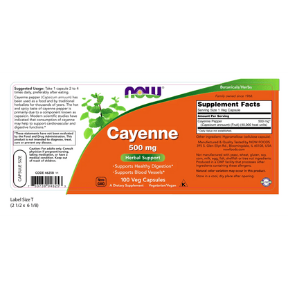 Cayena 500 mg de Now | Digestión y Circulación |  100 Cápsulas Veganas