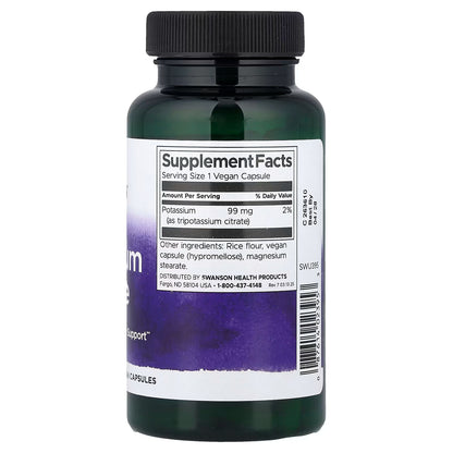 Citrato de Potasio 99 mg de Swanson  | Apoya la función muscular, ayudando a prevenir calambres y mejorando el rendimiento físico | 120 cápsulas vegetales