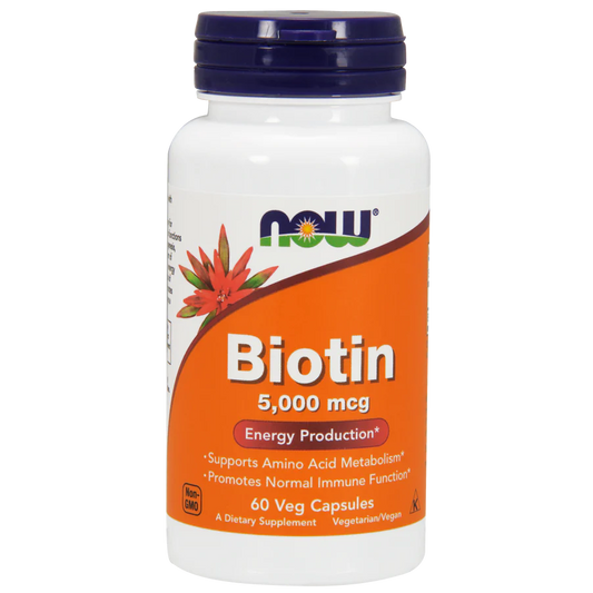 Biotina 5,000 mcg de NOW Foods | Apoyo energético y fortalecimiento del cabello, piel y uñas | 60 cápsulas vegetales