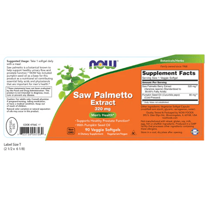 Extracto de Palma Enana Americana 320 mg de NOW Foods con aceite de semilla de calabaza | Soporte para la función de la próstata | 90 cápsulas vegetales