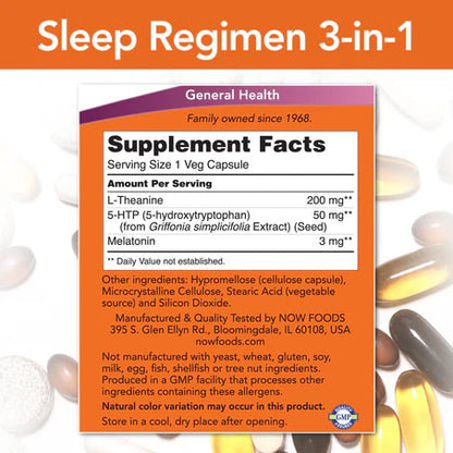 Sleep Regimen 3 en 1, NOW, Cápsulas Veganas, | Promueve la relajación mental y corporal | 90 Cápsulas