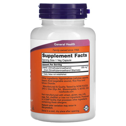 DMAE 250 mg (Dimetiletanolamina Bitartrato) de NOW Foods | Apoyo para la Producción de Neurotransmisores y Función Cognitiva | 100 Cápsulas Vegetarianas