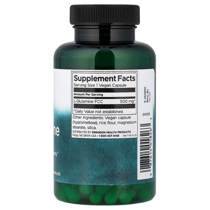 L-Glutamina 500mg de Swanson | Ayuda en la recuperación muscular, aumentando los niveles de energía | 100 cápsulas vegetales