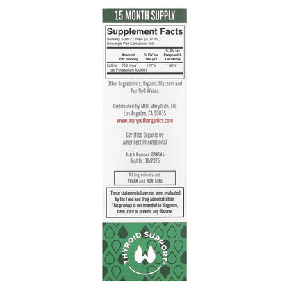 Gotas Líquidas de Yodo de Mary Ruth's | Apoyo Metabólico | Gotero de 30ml Sin Sabor