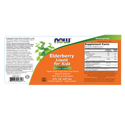 Elderberry Kids, Saúco negro 500mg + Zinc de NOW Foods | Sistema inmune | Liquido 237 ml