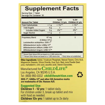 Probiótico 5 Mil Millones de UFC de Child Life | Refuerzo del Sistema Inmunológico y Soporte Digestivo Infantil | 30 tabletas vegetales Sabor a Bayas