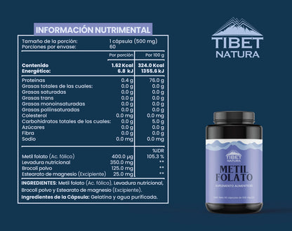 Metil Folato - Vitamina B9 + Levadura nutricional 500mg de Tibet Natura | Apoya la función cerebral y cardiovascular al contribuir a la reducción de los niveles de homocisteína | 60 cápsulas vegetales