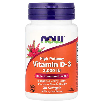 Vitamina D-3 2000 UI de NOW Foods | Fortalecimiento Óseo y del Sistema Inmune | 30, 120 y 240 cápsulas blandas